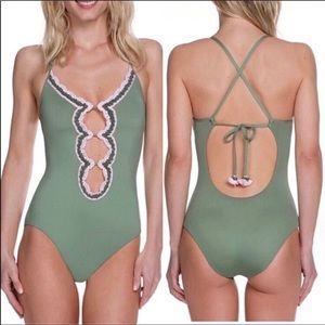 BECCA Medina olive green with pink crochet trim back tassel tie swimsuit